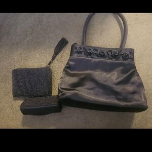 Rare Vintage Y2K Elegant Satin Handbag Beaded Clutch & Lipstick Holder Set NWOT